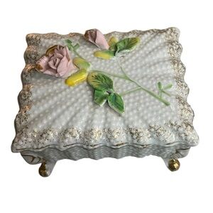 Vintage Footed Floral Porcelain Trinket Box